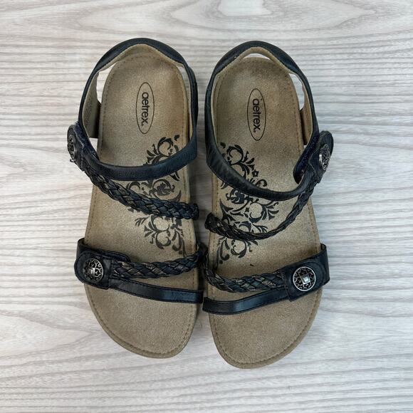 Aetrex Jillian Braided Quarter Strap Sandals Sz 8.5 Navy Leather Slingback Flat - Picture 9 of 11